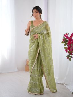 GLOBON IMPEX - Green Galaxy Organza With Sequin Embroidery Saree with Unstitched Blouse