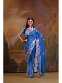 GLOBON IMPEX - Blue Georgette With 3D Floral Embroidery Saree with Unstitched Blouse