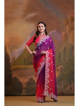 GLOBON IMPEX - Purple Georgette With 3D Floral Embroidery Saree with Unstitched Blouse