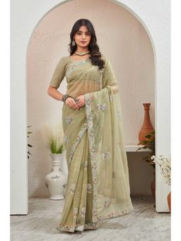 GLOBON IMPEX - Green Pista Organza With Embroidered Floral Border Saree with Unstitched Blouse