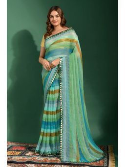 GLOBON IMPEX - Multicolour Aqua Striped Georgette Mirror Work Border Saree with Unstitched Blouse