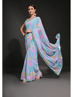 GLOBON IMPEX - Multicolour Tie-Dye Chiffon Mirror-Embellished Border Saree with Unstitched Blouse