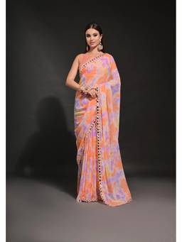 GLOBON IMPEX - Peach-Orange Tie-Dye Georgette Mirror Cutdana Border Saree with Unstitched Blouse