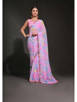 GLOBON IMPEX - Multicolor Tie-Dye Georgette With Mirror Lace Border Saree with Unstitched Blouse