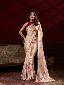 GLOBON IMPEX - Cream Silk Floral Print And Pearl Detailing Saree with Unstitched Blouse
