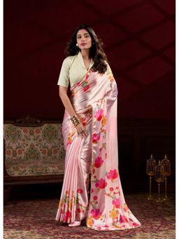 GLOBON IMPEX - Peach Silk With Floral Print And Pearl Detailing Saree with Unstitched Blouse
