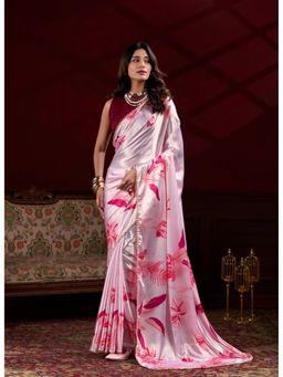 GLOBON IMPEX - Pink Silk Floral Print And Pearl Detailing Saree with Unstitched Blouse