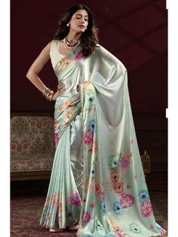 GLOBON IMPEX - Blue Printed Saree with Unstitched Blouse