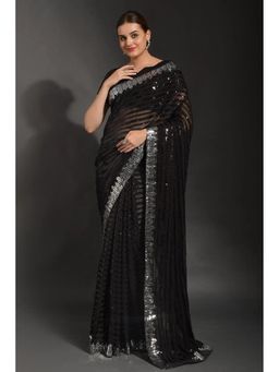 GLOBON IMPEX - Black Midnight Muse Sequin With Border Saree with Unstitched Blouse