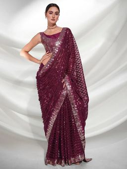 GLOBON IMPEX - Wine Embellished Saree with Unstitched Blouse