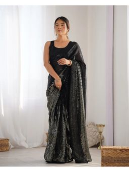 GLOBON IMPEX - Black Glamorous Designer Sequin Party Wear Saree with Unstitched Blouse