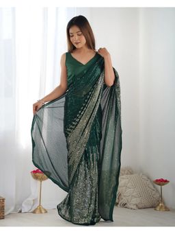 GLOBON IMPEX - Emerald Green Sequin Glamorous Designer Partywear Saree with Unstitched Blouse