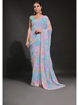 GLOBON IMPEX - Aqua Tie-Dye With Sequin and Thread Embroidery Border Saree with Unstitched Blouse
