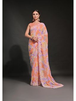 GLOBON IMPEX - Orange Tie-Dye With Sequin and Floral Embroidery Border Saree with Unstitched Blouse