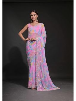 GLOBON IMPEX - Pink Tie-Dye With Floral Sequin Embroidery Saree with Unstitched Blouse