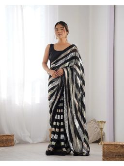 GLOBON IMPEX - Black Sequin Striped Georgette Saree with Unstitched Blouse