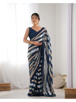 GLOBON IMPEX - Blue Sequin Striped Georgette Saree with Unstitched Blouse