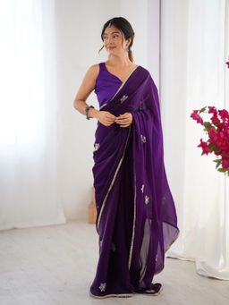 GLOBON IMPEX - Purple Embellished Saree with Unstitched Blouse