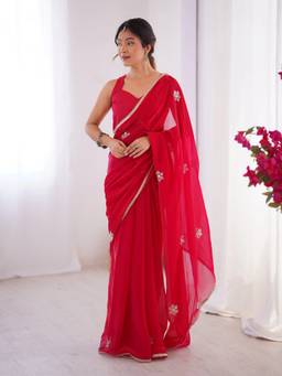 GLOBON IMPEX - Red Embellished Saree with Unstitched Blouse