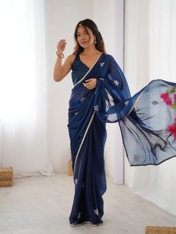 GLOBON IMPEX - Teal Embellished Saree with Unstitched Blouse