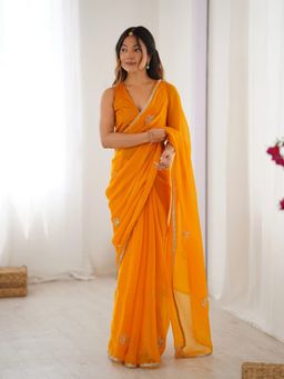 GLOBON IMPEX - Yellow Embellished Saree with Unstitched Blouse