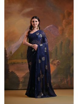 GLOBON IMPEX - Navy Blue Sequin Embellished Saree with Unstitched Blouse