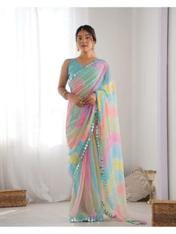 GLOBON IMPEX - Multicolor Rainbow Mirror Work Lightweight Georgette Saree with Unstitched Blouse
