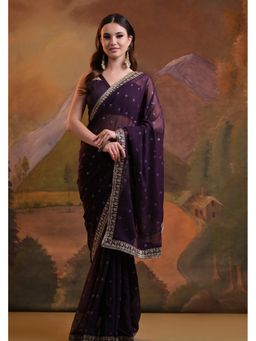 GLOBON IMPEX - Wine Elegant Georgette With Embroidered Border Saree with Unstitched Blouse