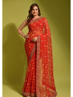 GLOBON IMPEX - Red With Gold Foil Buti and Lace Border Saree with Unstitched Blouse