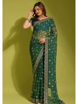 GLOBON IMPEX - Teal Embellished Saree with Unstitched Blouse