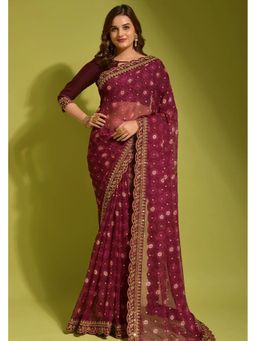 GLOBON IMPEX - Wine With Gold Foil Buti and Lace Border Saree with Unstitched Blouse