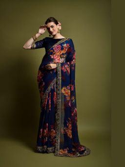 GLOBON IMPEX - Navy Blue Floral Georgette Embroidered Border Saree with Unstitched Blouse
