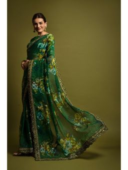 GLOBON IMPEX - Green Floral Georgette With Golden Embroidered Border Saree with Unstitched Blouse