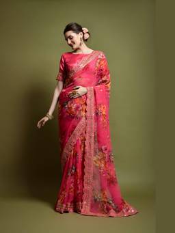 GLOBON IMPEX - Pink Floral Georgette Golden Embroidered Border Saree with Unstitched Blouse