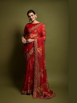 GLOBON IMPEX - Red Floral Georgette Embroidered Border Saree with Unstitched Blouse