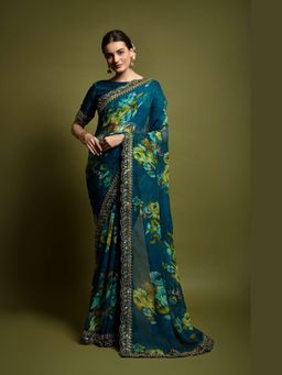 GLOBON IMPEX - Teal Embellished Saree with Unstitched Blouse