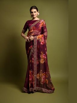 GLOBON IMPEX - Wine Embroidered Saree with Unstitched Blouse