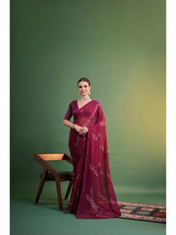 GLOBON IMPEX - Wine Embroidered Saree with Unstitched Blouse