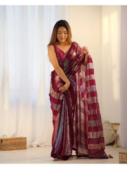 GLOBON IMPEX - Maroon Sequin Striped Georgette With Holographic Shine Saree with Unstitched Blouse