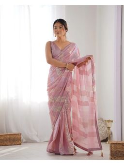 GLOBON IMPEX - Pink Sequin Elegant Georgette With Mirror Shine Saree with Unstitched Blouse