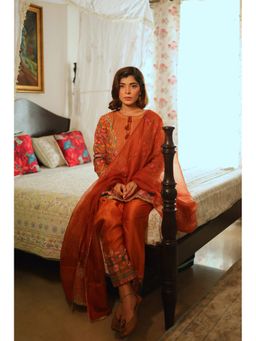 Isha and Anshul - Rust Chanderi Kurta with Salwar Organza Dupatta