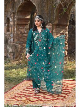 Isha and Anshul - Green Chanderi Kurta Set with Salwar and Dupatta