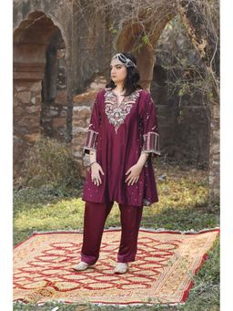 Isha and Anshul - Wine Chanderi A-Line Kurta with Bamber Salwar