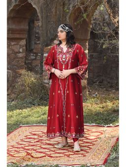 Isha and Anshul - Red Front Slit Jacket with Bamber Satin Dhoti