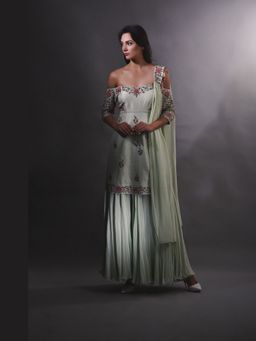 Mani Bhatia - Pear Green Embroidered Kurta With Sharara And Dupatta