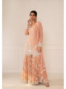 Mani Bhatia - Peach Embroidered Kurta With Sharara And Dupatta