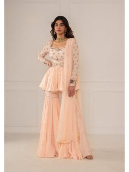 Mani Bhatia - Pink Tea Top With Sharara And Belt, Dupatta
