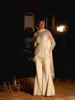 Mani Bhatia - Fleur Ivory Kurta With Palazzo And Dupatta