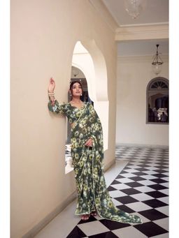 GLOBON IMPEX - Mehendi Green Floral Georgette Ready To Wear Saree with Unstitched Blouse
