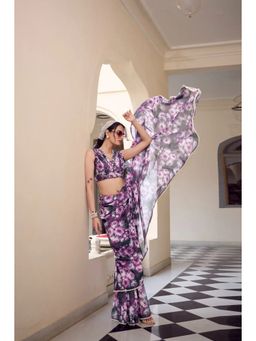 GLOBON IMPEX - Purple Floral Georgette Ready To Wear Saree with Unstitched Blouse